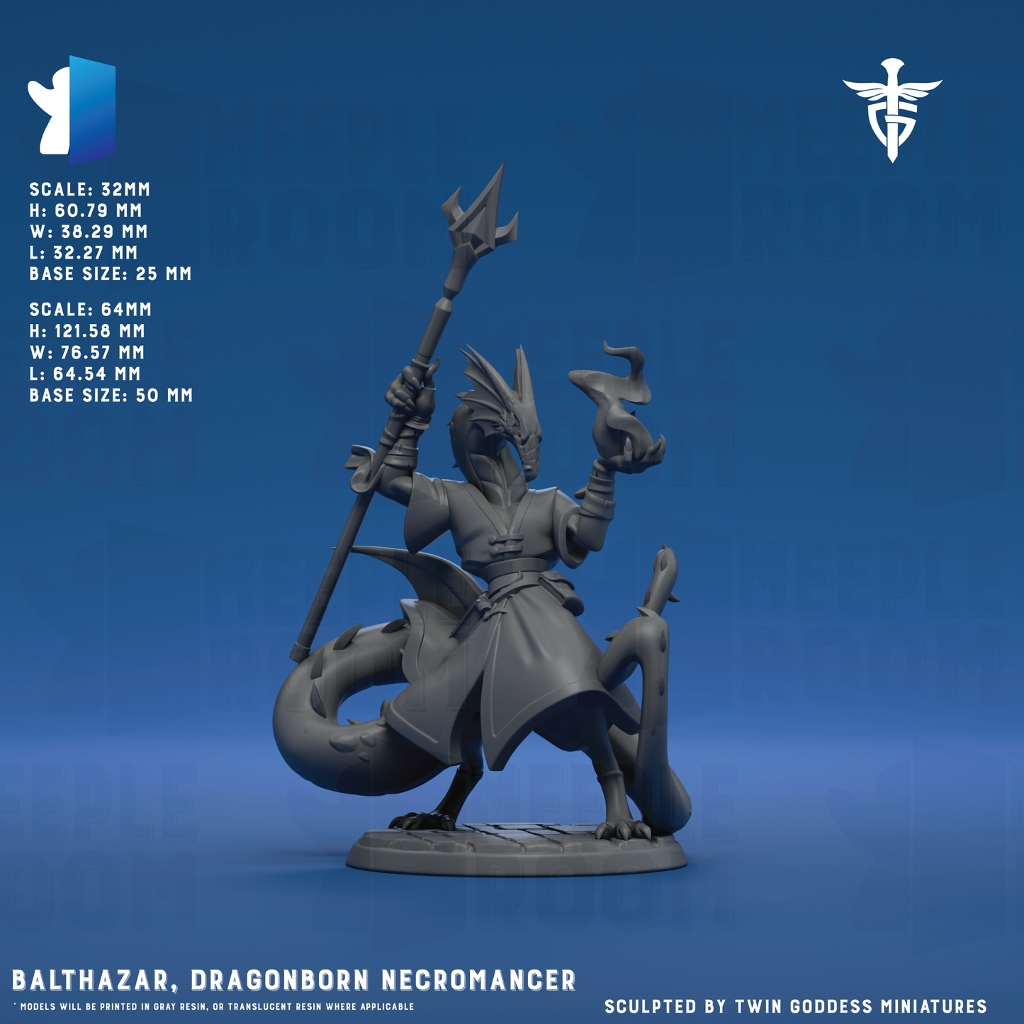 Balthazar, Dragonborn Necromancer by Twin Goddess Miniatures | Miniature | TTRPG | Unpainted | Print on Demand