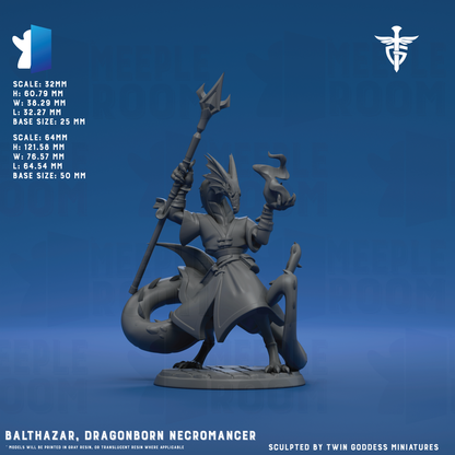 Balthazar, Dragonborn Necromancer by Twin Goddess Miniatures | Miniature | TTRPG | Unpainted | Print on Demand