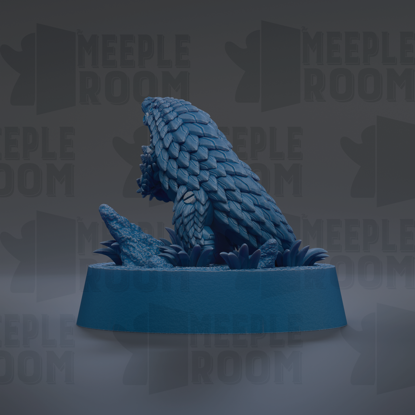 A blue, 3D-rendered sculpture of a pangolin, a type of lizard, is displayed on a blue base against a dark background.