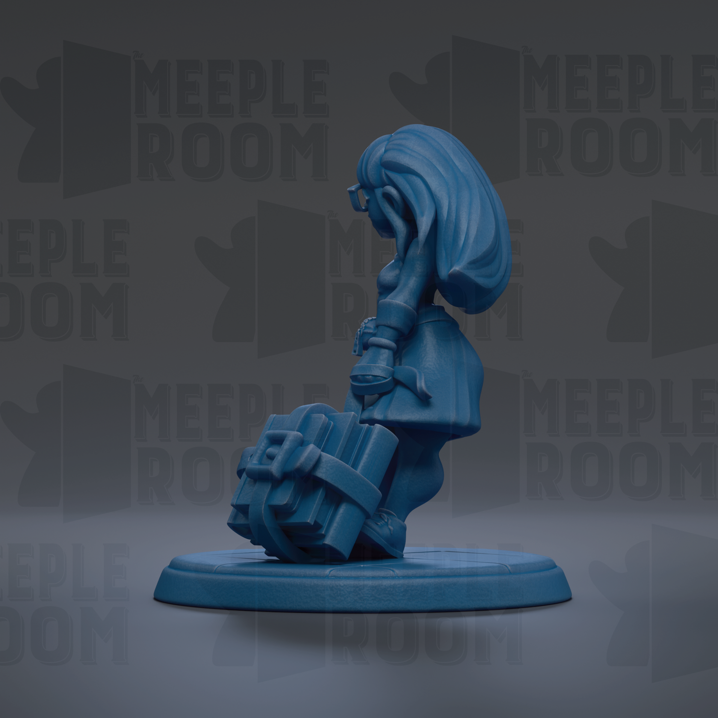 A blue figurine of a person holding a suitcase, standing on a platform against a dark background with repeated text.
