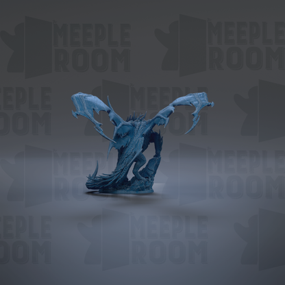 A blue dragon figurine is shown against a dark background with repeated "MEIPLE ROOM" text.