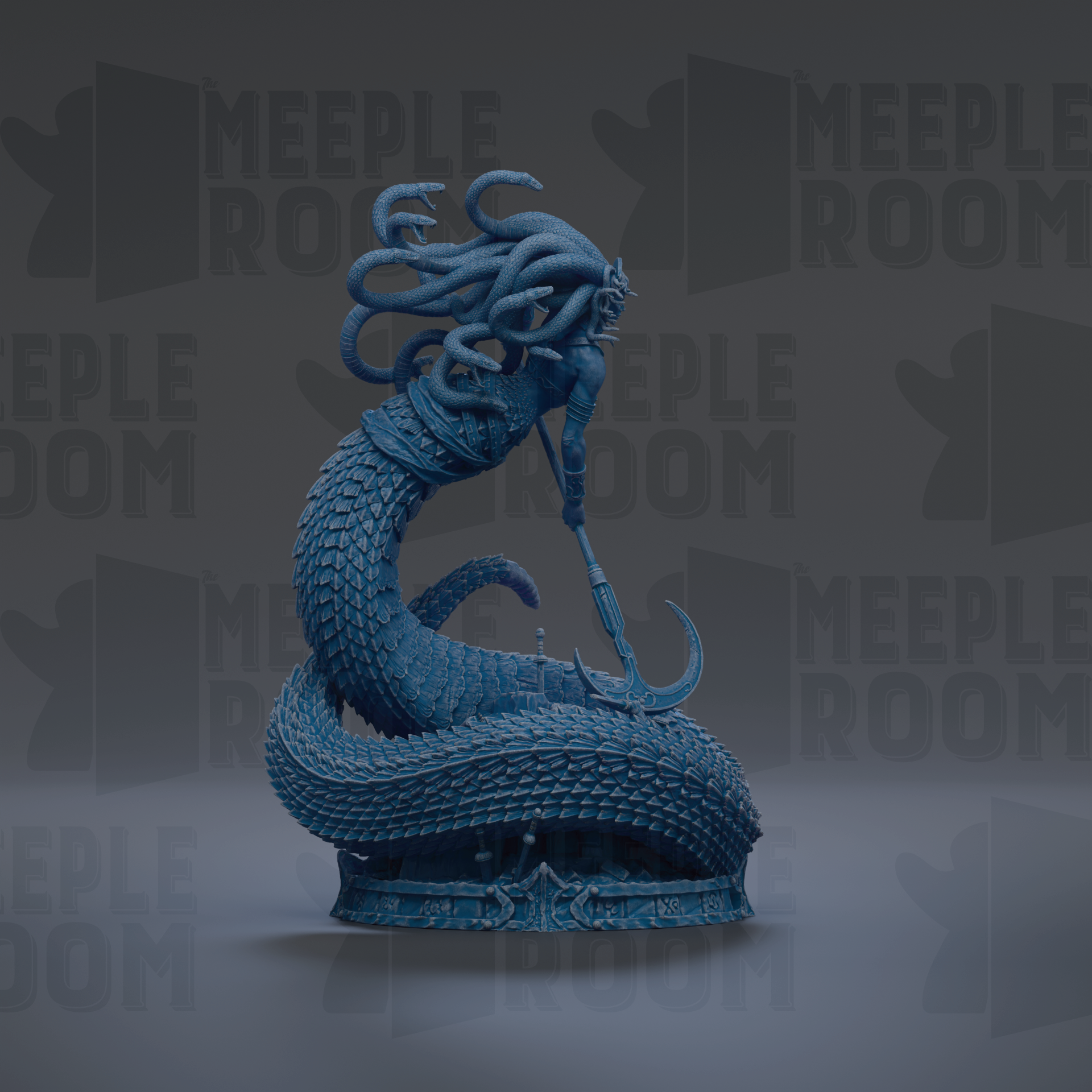 A blue, snake-like creature with a long, coiled body and a head with a snake-like appearance is depicted in the image.