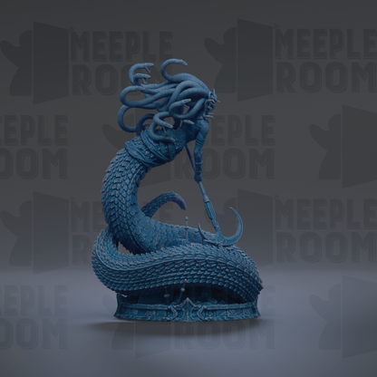 A blue, snake-like creature with a long, coiled body and a head with a snake-like appearance is depicted in the image.