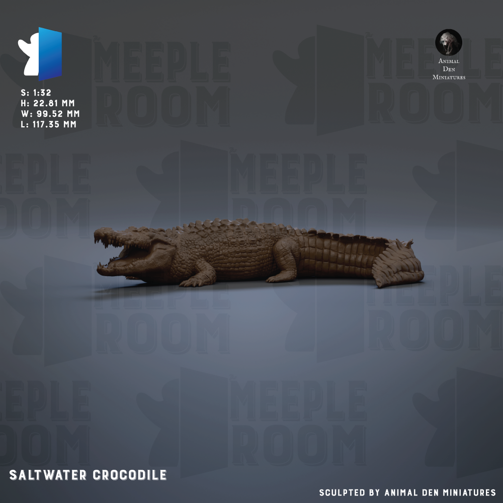 The image is a 3D rendering of a saltwater crocodile, which is a type of alligator, displayed in a realistic manner.