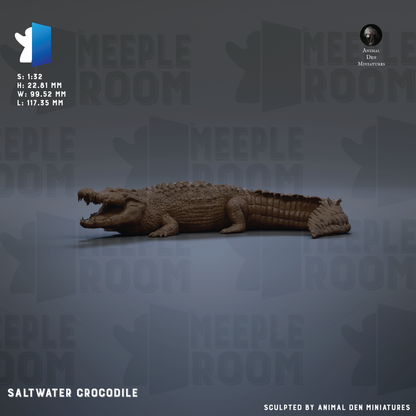 The image is a 3D rendering of a saltwater crocodile, which is a type of alligator, displayed in a realistic manner.