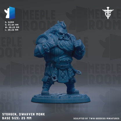 A blue dwarven monk figurine with a beard and horns, standing on a base. The figurine is described as a "storgen, dwarfven monk" and is "based on 25mm" in size. The image is a collage of various images, and it is "sculpted by Twin Goddess Miniatures".