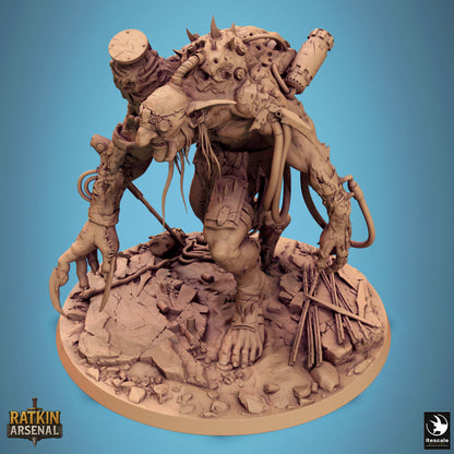 a large, intricate, and detailed statue of a creature with many arms and sharp features, standing on a rocky base.