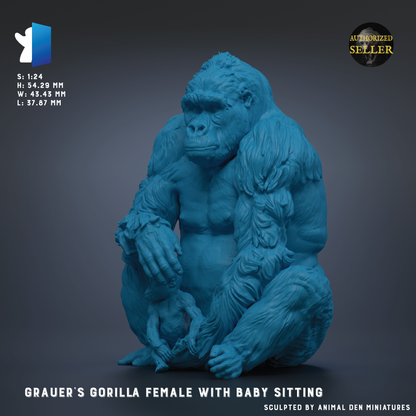 A 3D model of a female gorilla sitting with a baby, depicted in a striking blue color.