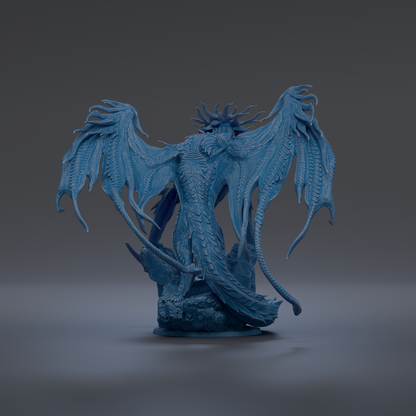 A blue dragon statue with outstretched wings and a crown-like head stands on a rock against a dark background.