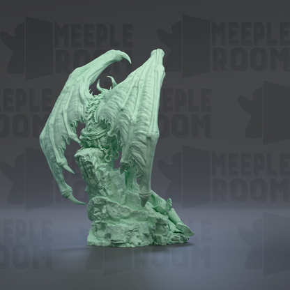 A 3D rendering of a green dragon-like creature with wings and sharp teeth, standing on a rock formation against a dark background with repeated text.