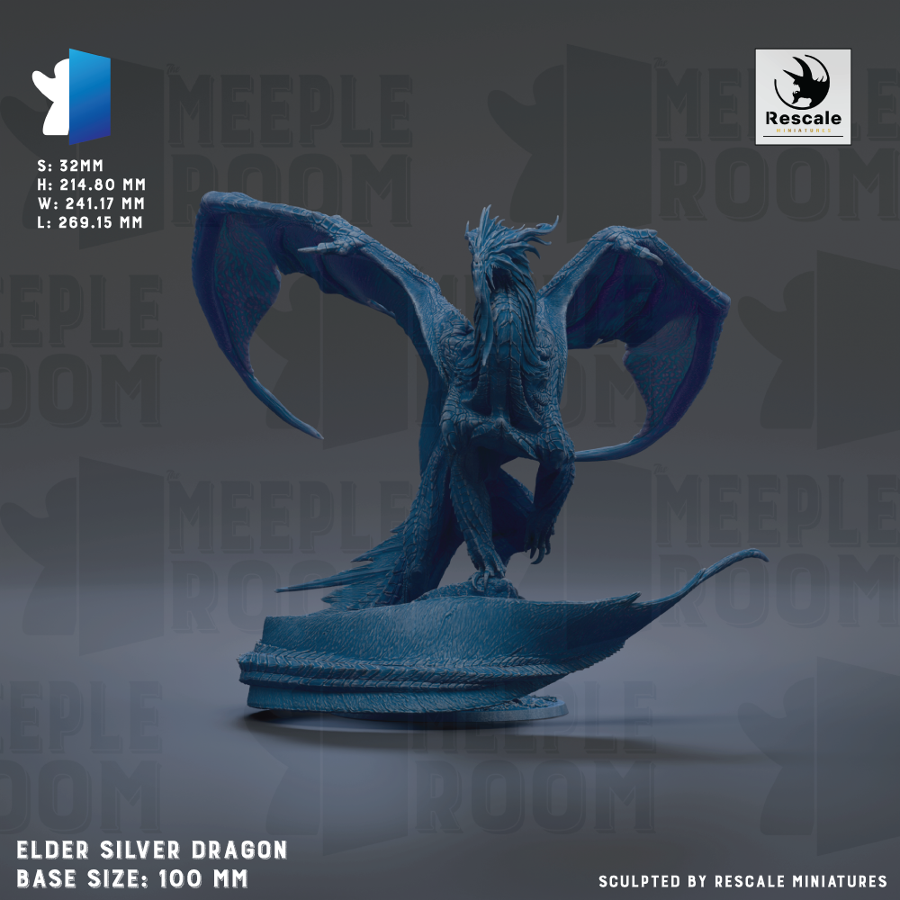 a large, detailed, and realistic-looking blue dragon statue. The dragon is depicted in a dynamic pose, with its wings spread wide and its head turned to the side. The dragon is shown in a 3D rendering, giving it a lifelike appearance. The image is described as a "base size: 100 mm" and is labeled as a "sculpted by Rescue miniatures".