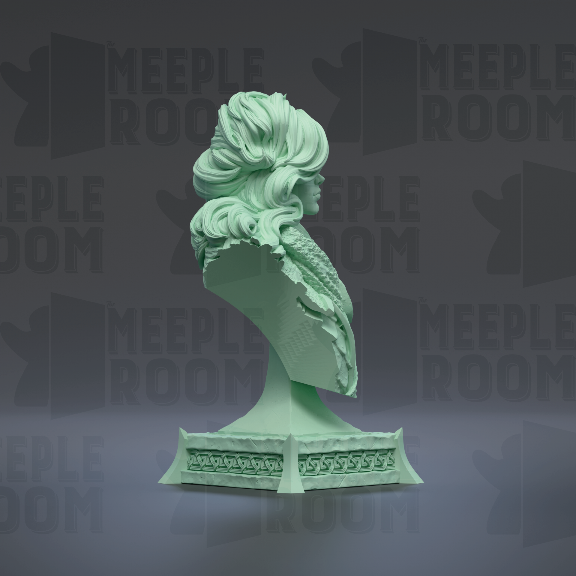A green bust sculpture with intricate details and a stylized profile is displayed against a dark background with repeated text.