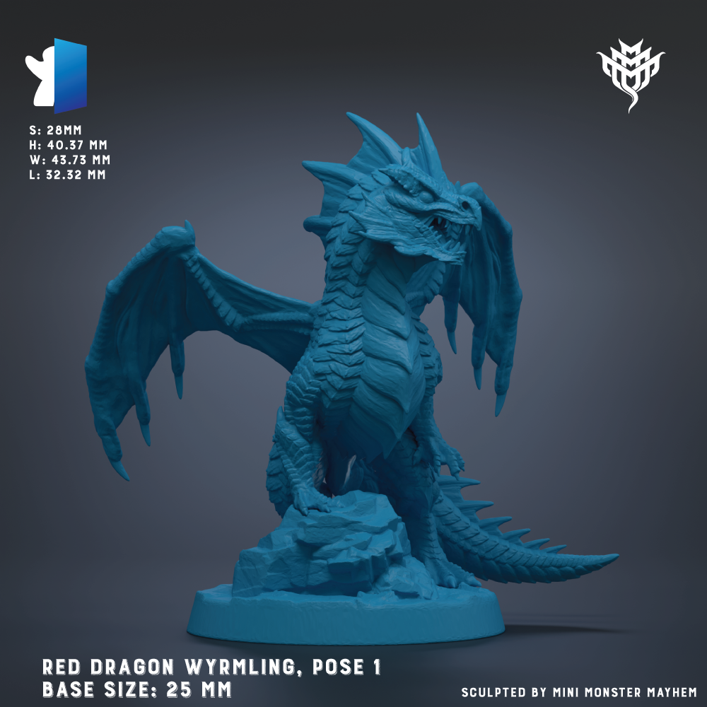 a blue dragon figurine, specifically a Red Dragon Wymling, posed on a rock base. The dragon is depicted in a dynamic pose, with its wings spread wide and its mouth open, giving it a fierce appearance. The image is a 3D rendering of the dragon, and the base size is 25 mm. The image is a part of a series, as indicated by the text "Sculpted by Mini Monster Mayhem".