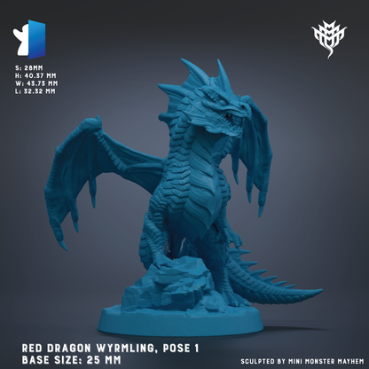 a blue dragon figurine, specifically a Red Dragon Wymling, posed on a rock base. The dragon is depicted in a dynamic pose, with its wings spread wide and its mouth open, giving it a fierce appearance. The image is a 3D rendering of the dragon, and the base size is 25 mm. The image is a part of a series, as indicated by the text "Sculpted by Mini Monster Mayhem".