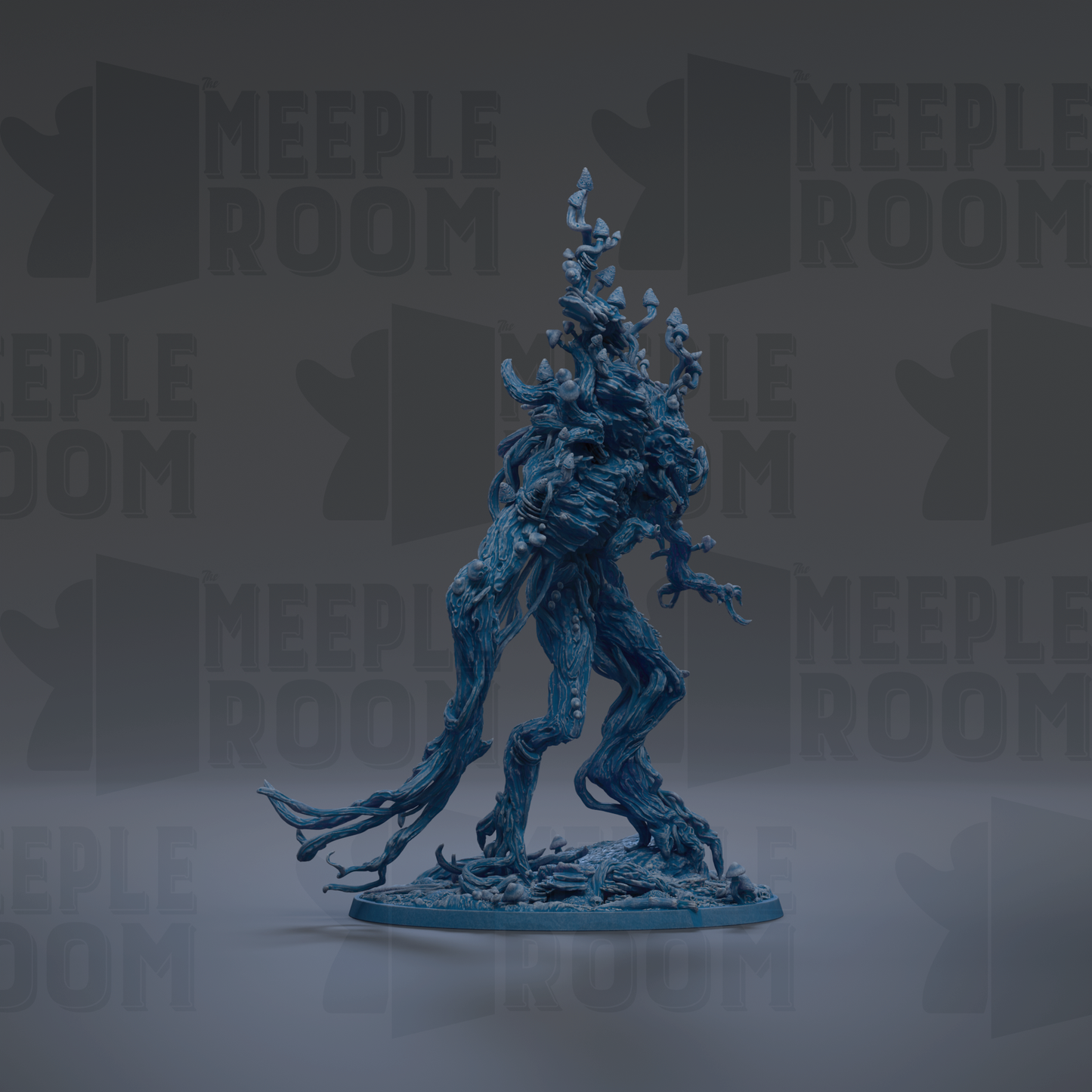A blue, abstract, and organic-looking creature resembling a tree or plant with intricate, flowing branches and textures.