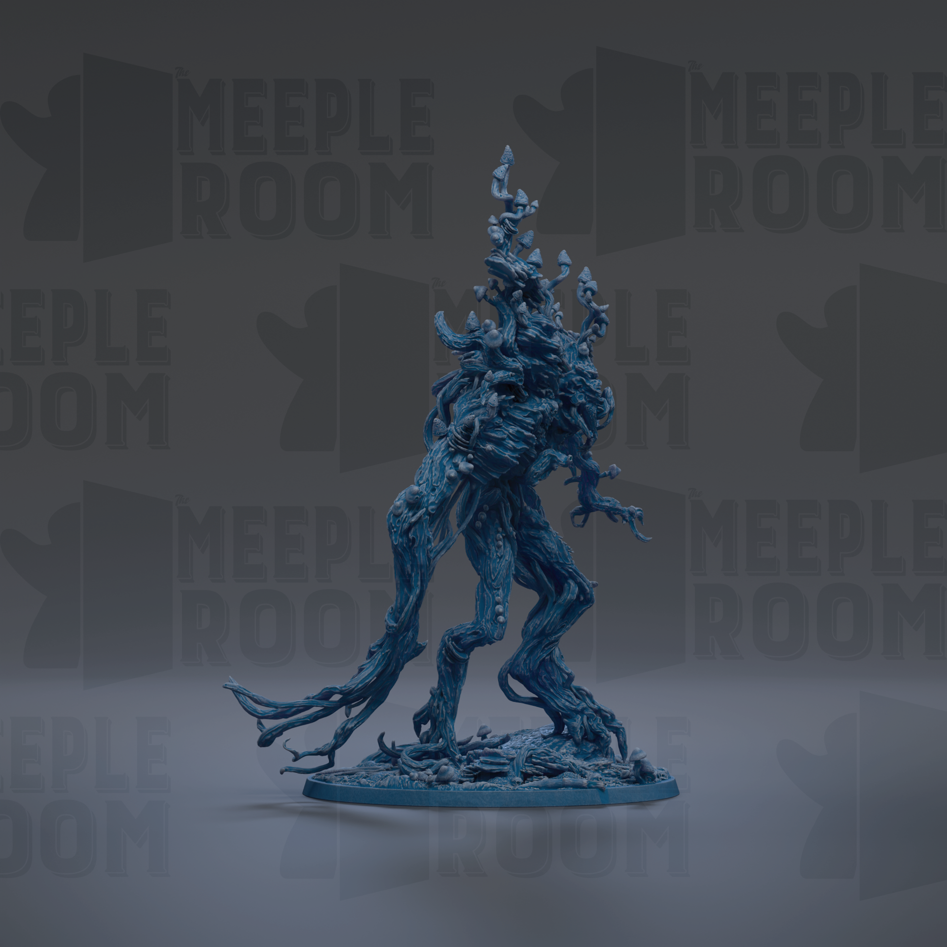 A blue, abstract, and organic-looking creature resembling a tree or plant with intricate, flowing branches and textures.