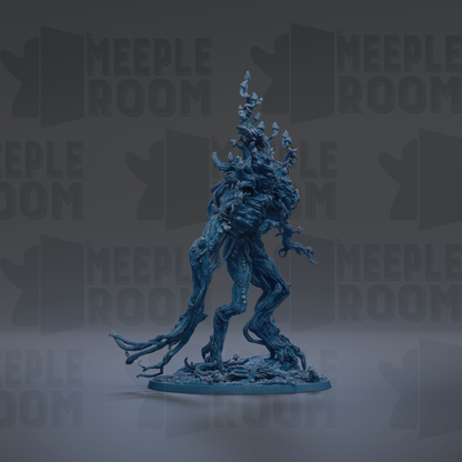 A blue, abstract, and organic-looking creature resembling a tree or plant with intricate, flowing branches and textures.