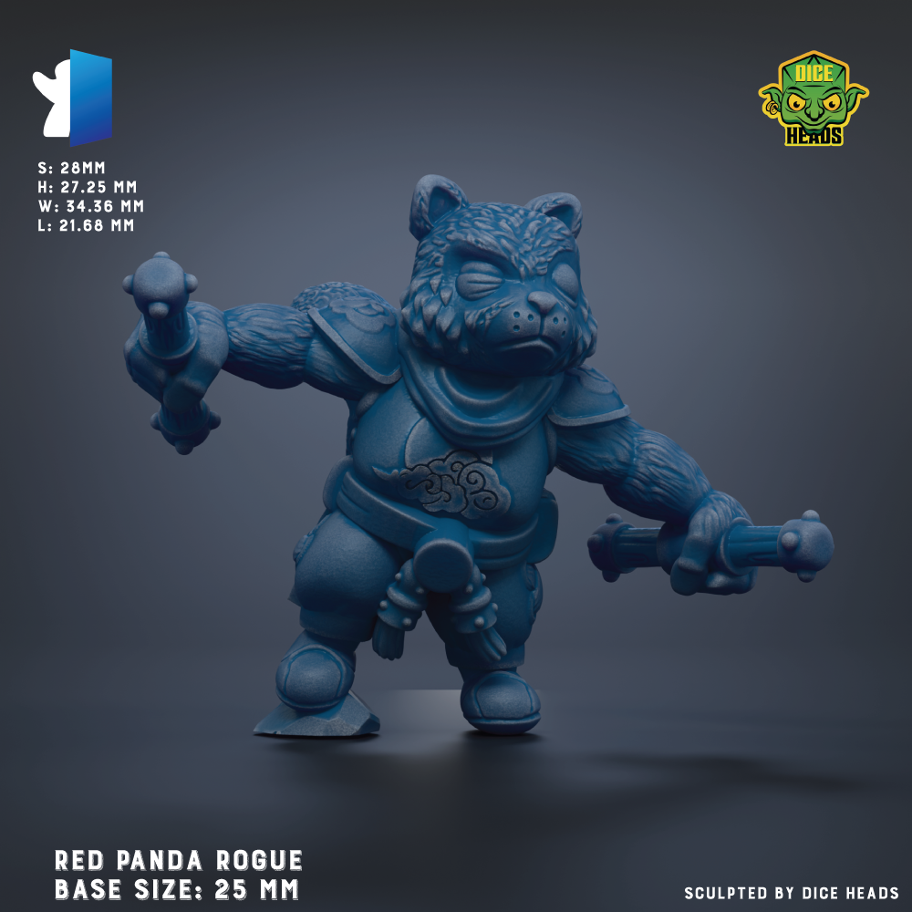A 3D model of a red panda-like creature with a fierce expression, holding a weapon in its paws. The creature is depicted in a dynamic pose, with its arms outstretched and its head tilted to the side. The image is described as a "Red Panda Rogue" and is based on a base size of 25 mm.