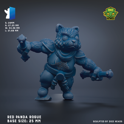 A 3D model of a red panda-like creature with a fierce expression, holding a weapon in its paws. The creature is depicted in a dynamic pose, with its arms outstretched and its head tilted to the side. The image is described as a "Red Panda Rogue" and is based on a base size of 25 mm.