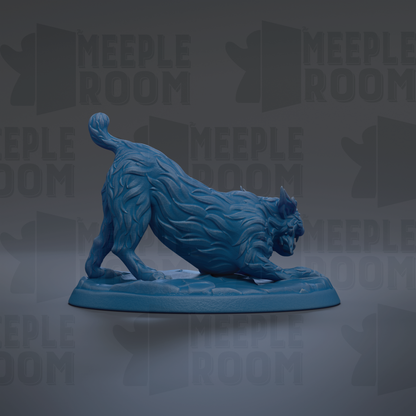 A blue, stylized figurine of a cat or feline-like creature is displayed against a dark background with repeated text.