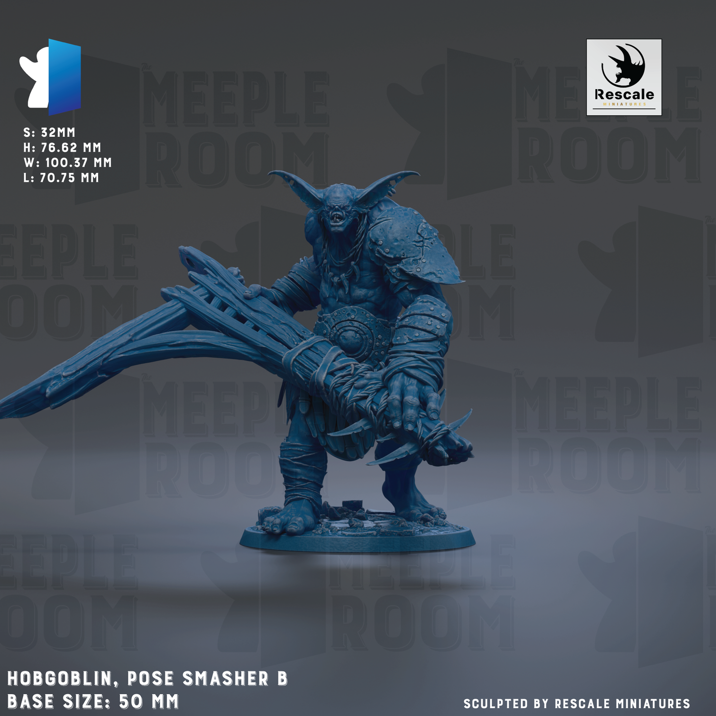 A detailed 3D model of a Hobgoblin, a mythical creature from the Harry Potter series, posed with a large hammer. The model is set against a dark background with the text "MEIPLE ROOM" repeated multiple times. The base sizes of the model are 50mm, 70mm, and 70mm.