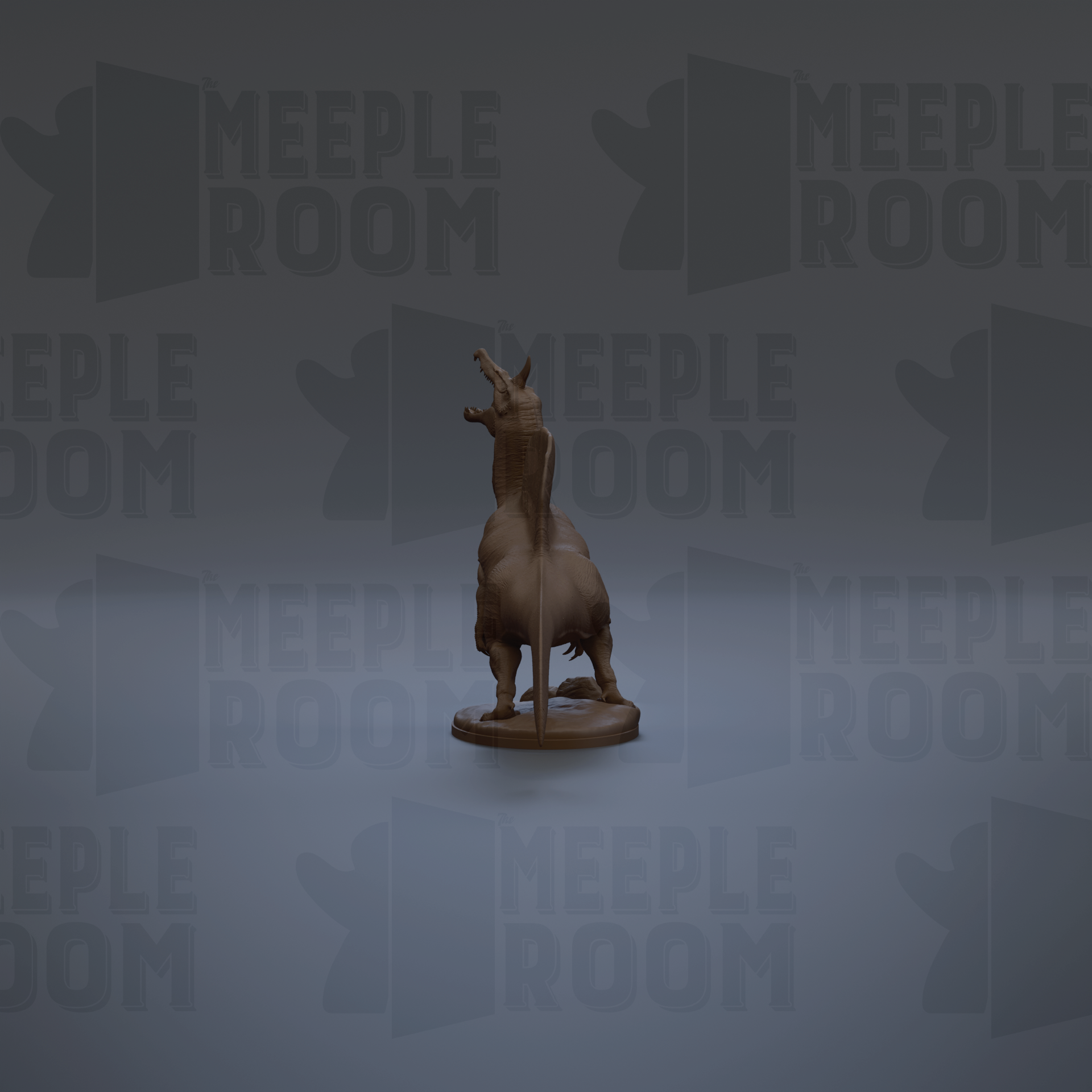 a brown statue of a bull standing on a pedestal against a gray background with repeated "MEIPLE ROOM" text.