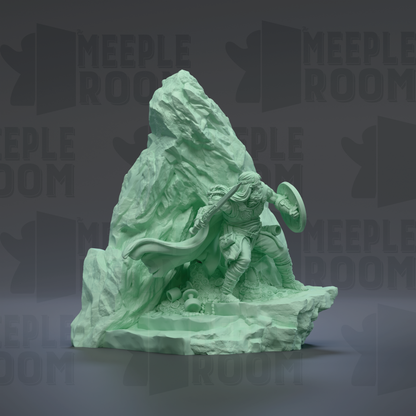 A green 3D sculpture depicting a figure in a fighting stance, with a shield and a cape, standing on a rocky outcrop.