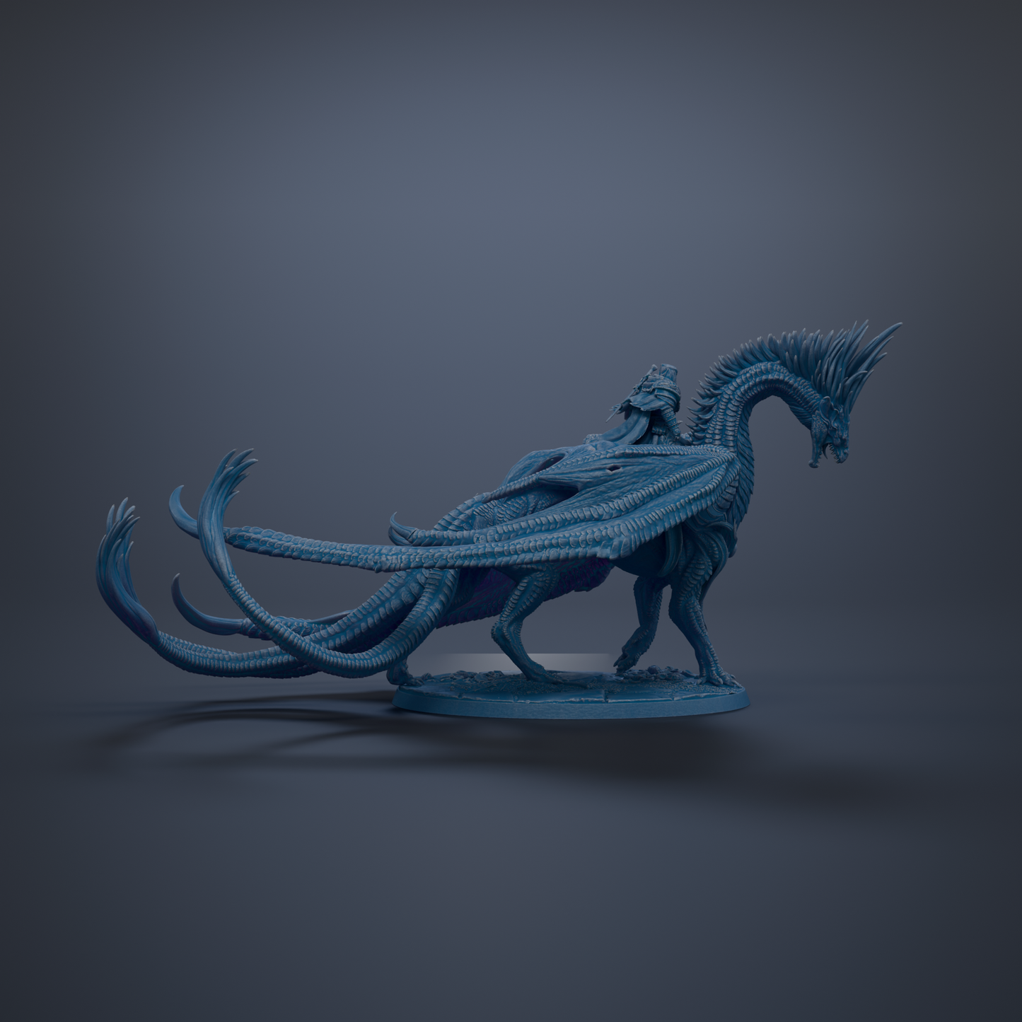A 3D rendering of a blue dragon statue with a human-like figure riding on its back.