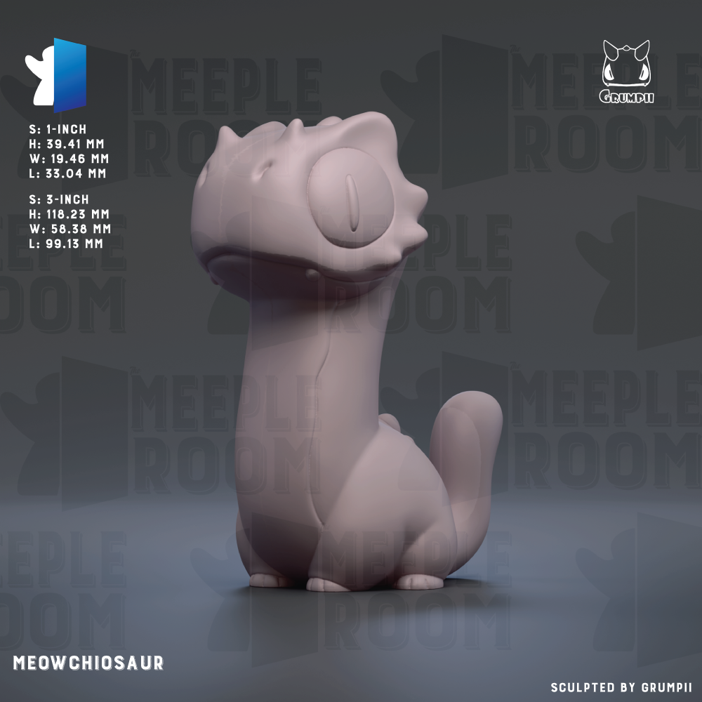 The image is a 3D rendering of a meowchisaur, a small, cartoon-like creature, with a gray color scheme. The meowchisaur is sitting on a gray surface, and the image is labeled with the text "MEOWCHIOSAUER" and "S.1-INCH" along with dimensions and a logo.