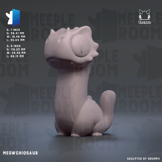 The image is a 3D rendering of a meowchisaur, a small, cartoon-like creature, with a gray color scheme. The meowchisaur is sitting on a gray surface, and the image is labeled with the text "MEOWCHIOSAUER" and "S.1-INCH" along with dimensions and a logo.