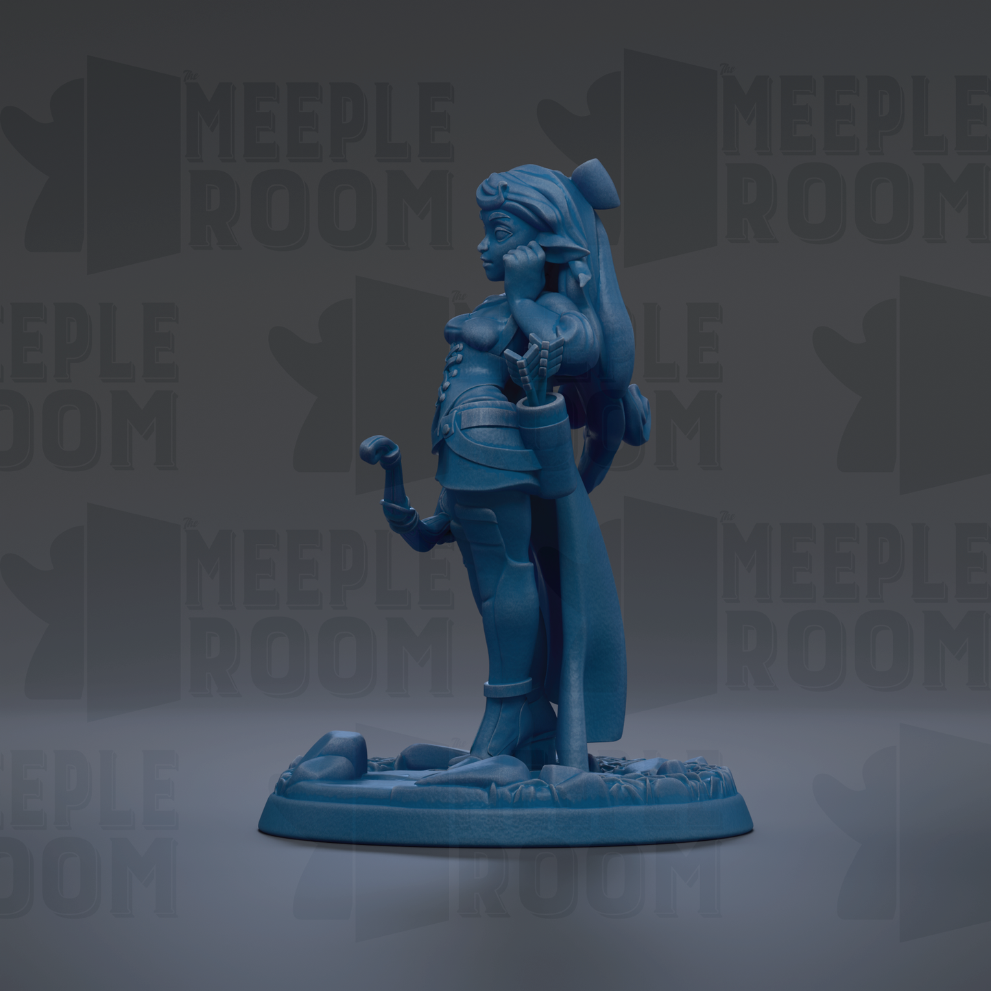 A blue figurine of a woman with a sword and a headdress, standing on a base.