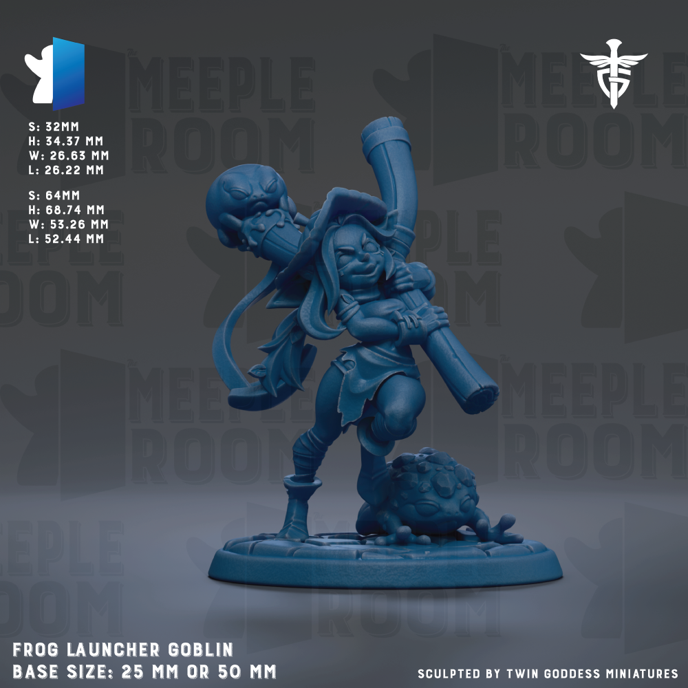 The image is a figurine of a frog-like creature, possibly a gnome or deity, with a large pipe or staff in its hands. The figurine is set against a dark background with the text "MEIPLE ROOM" repeated multiple times. The figurine is described as a "FROG LAUNCHER GOBLIN" and has a base size of 25mm or 50mm. It is sculpted by "TWIN GODESS MINUTES".