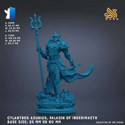 a blue armored knight holding a trident, standing on a base of rocks.