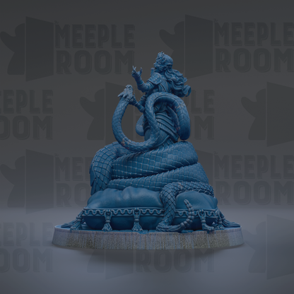 A blue statue of a woman with long hair and a crown, holding a snake, is displayed on a pedestal.