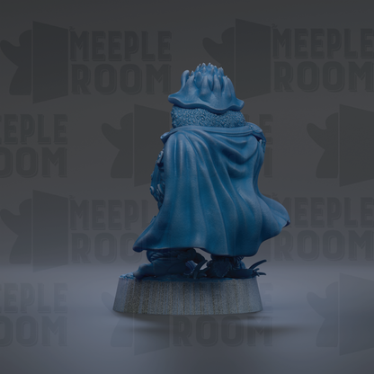 A blue statue of a person wearing a cape, sitting on a pedestal against a dark background with repeated text.