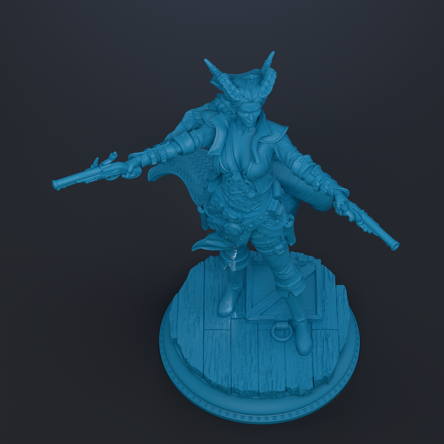 A blue statue of a pirate figure holding a gun and standing on a wooden base.