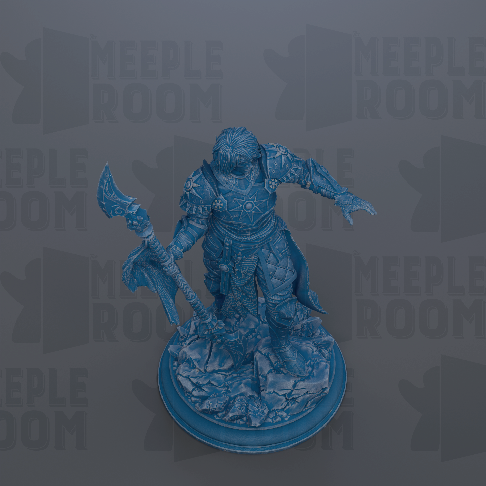 A blue figurine of a warrior figure holding a weapon and standing on a base.