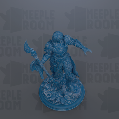 A blue figurine of a warrior figure holding a weapon and standing on a base.