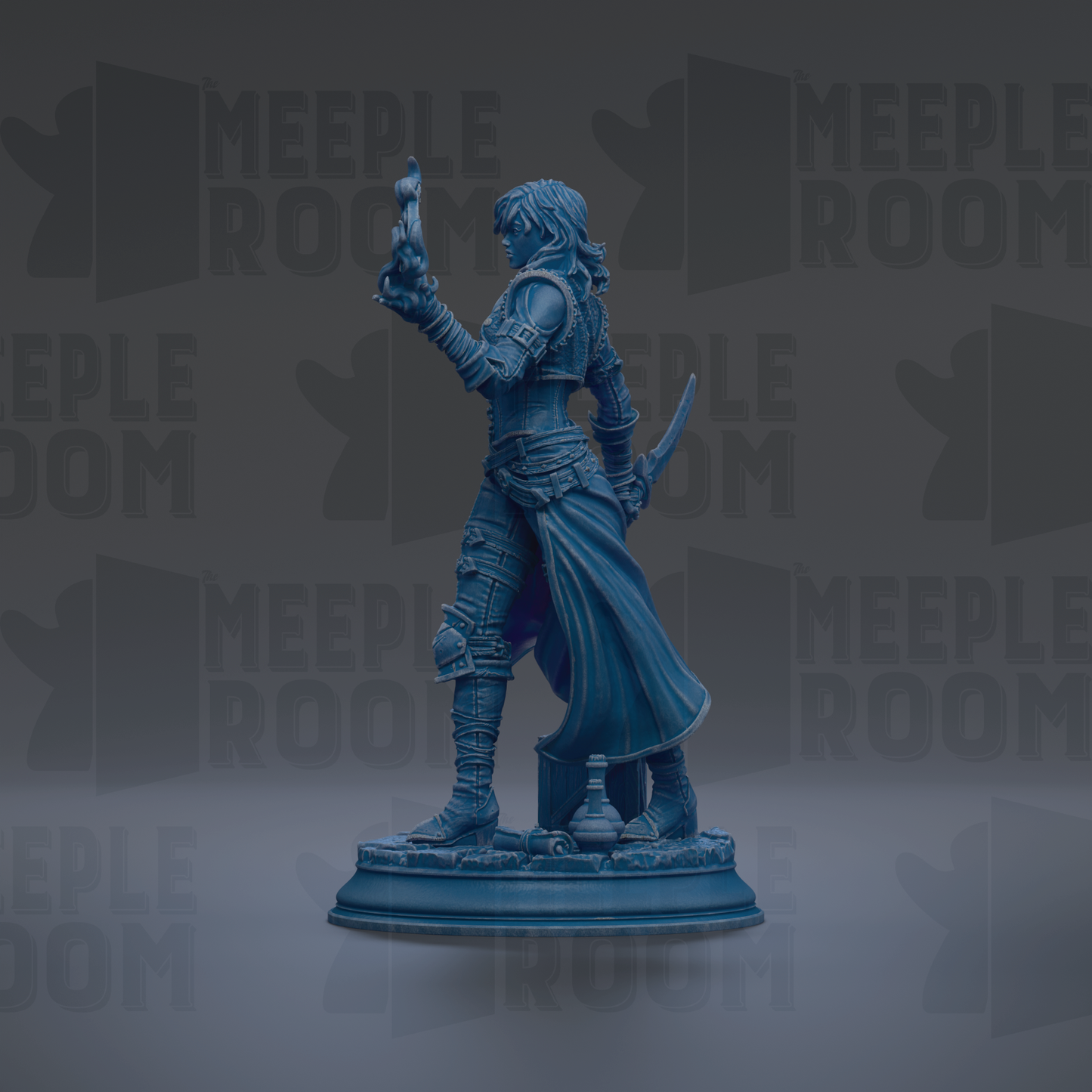 A blue figurine of a person standing on a pedestal, holding a sword and a shield, against a dark background with repeated text.