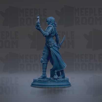 A blue figurine of a person standing on a pedestal, holding a sword and a shield, against a dark background with repeated text.