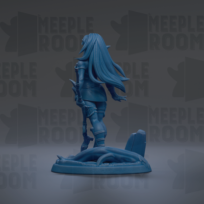 A blue figurine of a female character with long hair, standing on a base and holding a weapon, against a dark background with repeated text.