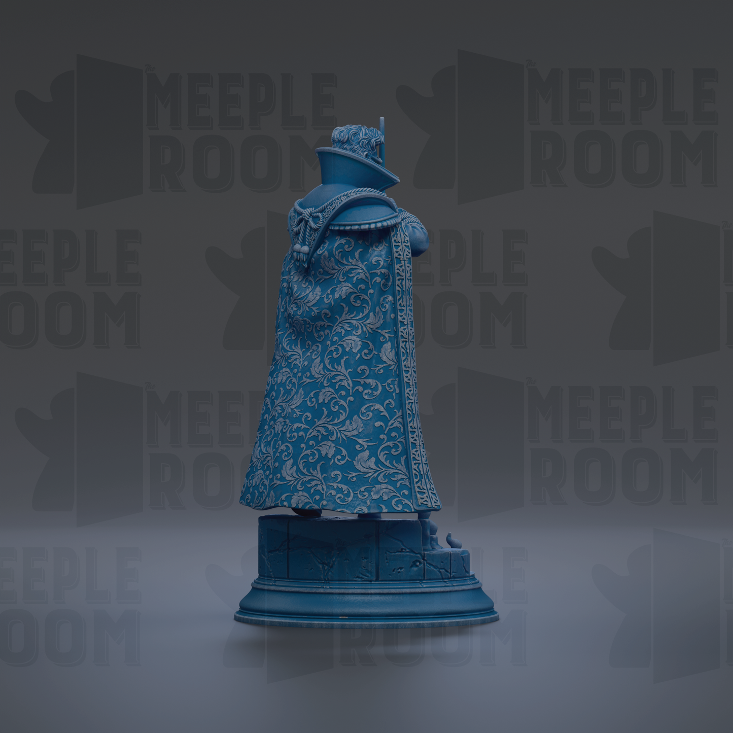 A blue statue of a person wearing a decorative robe stands on a pedestal against a dark background with repeated "MEPLE ROOM" text.