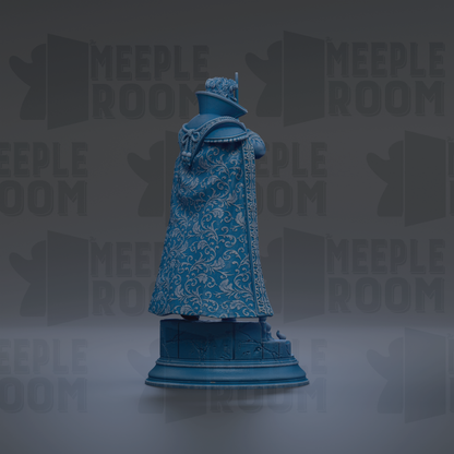 A blue statue of a person wearing a decorative robe stands on a pedestal against a dark background with repeated "MEPLE ROOM" text.
