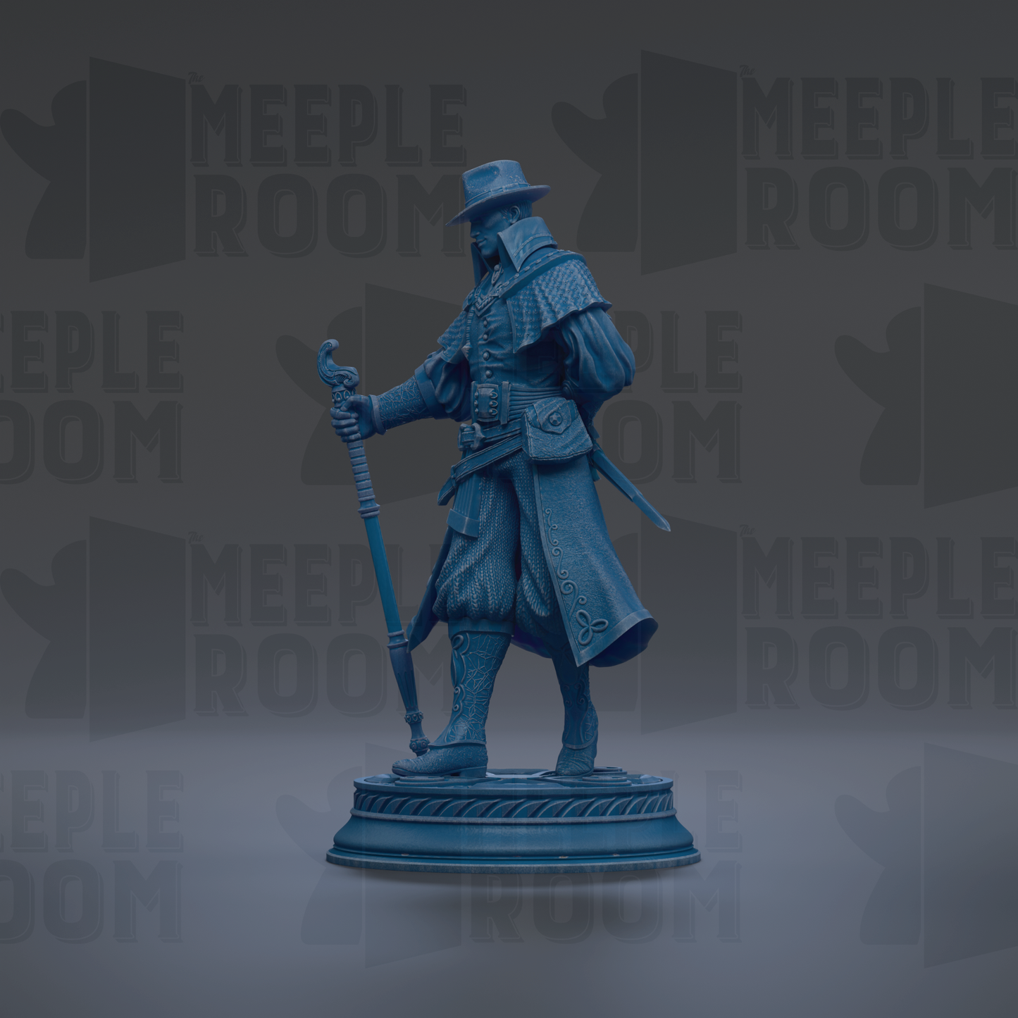 A blue statue of a man in a hat and coat, holding a sword and shield, standing on a pedestal against a dark background with repeated text.