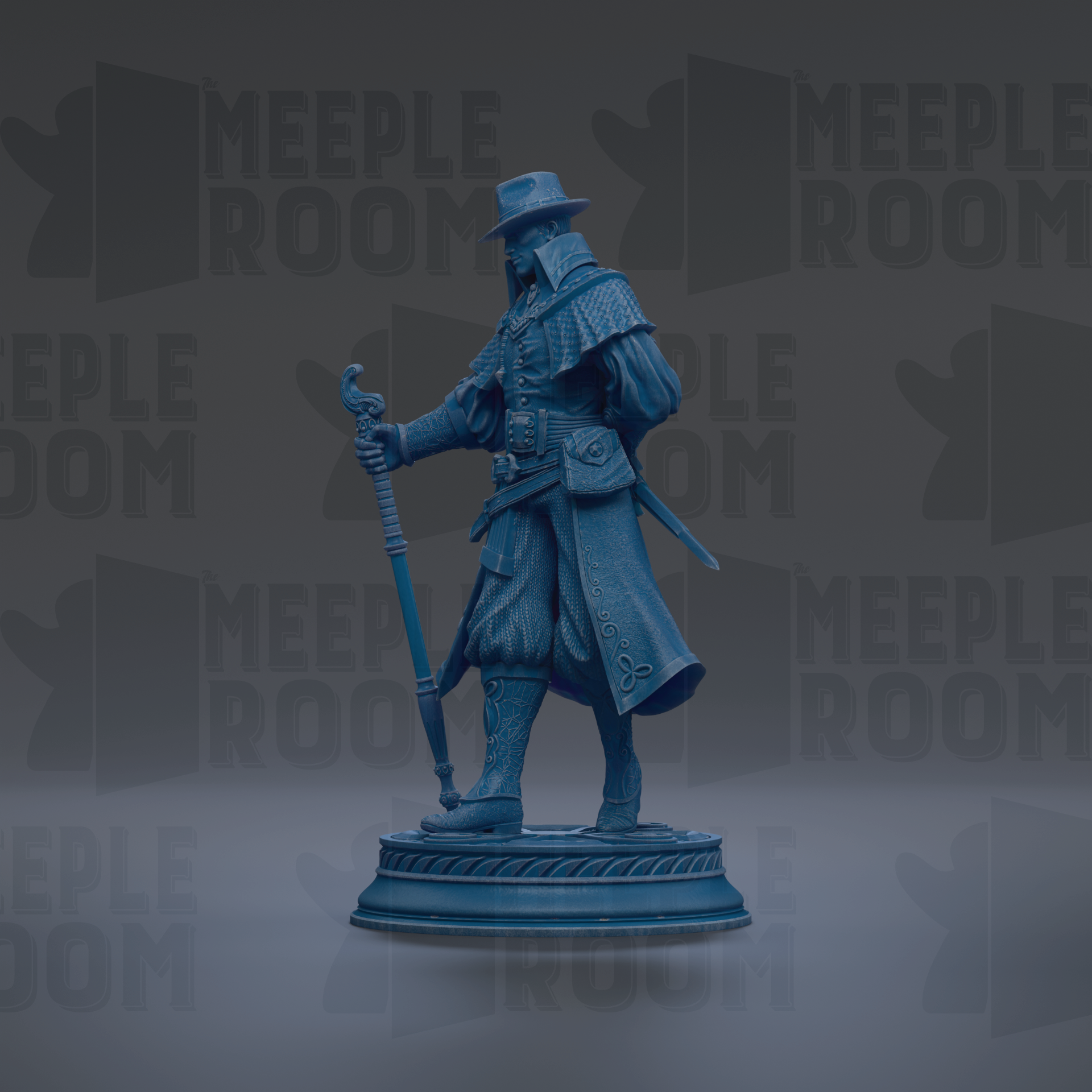 A blue statue of a man in a hat and coat, holding a sword and shield, standing on a pedestal against a dark background with repeated text.
