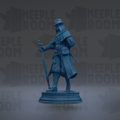 A blue statue of a man in a hat and coat, holding a sword and shield, standing on a pedestal against a dark background with repeated text.