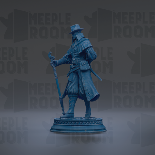 A blue statue of a man in a hat and coat, holding a sword and shield, standing on a pedestal against a dark background with repeated text.