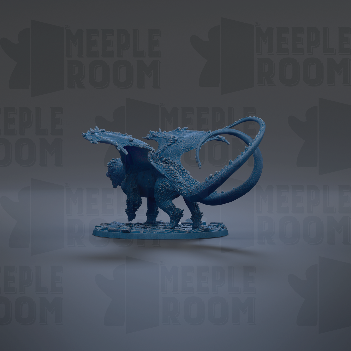 A blue dragon figurine is displayed against a dark background with repeated text.