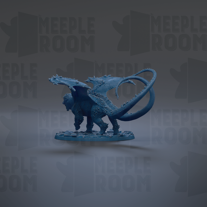 A blue dragon figurine is displayed against a dark background with repeated text.
