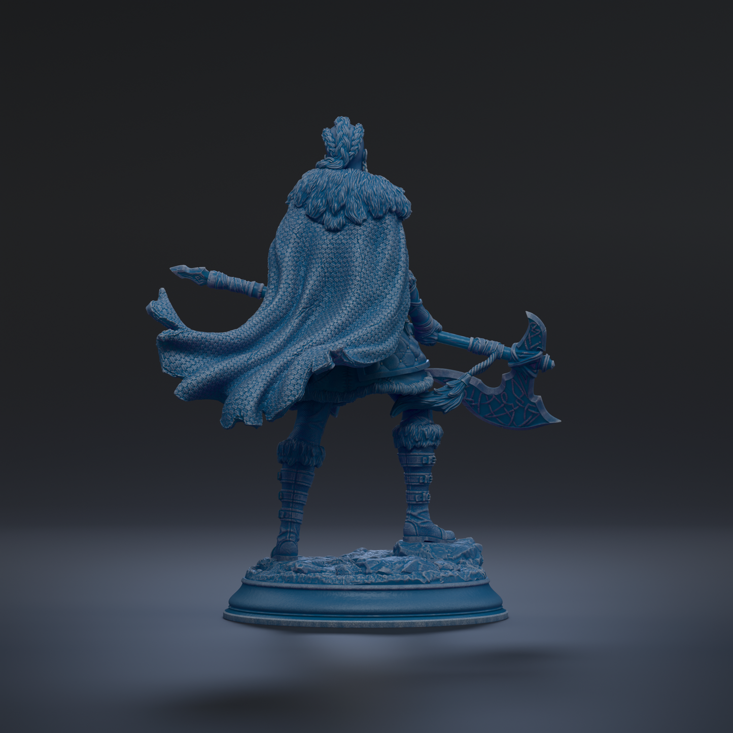 A 3D rendering of a warrior figure in a blue cape, holding a sword and standing on a pedestal.